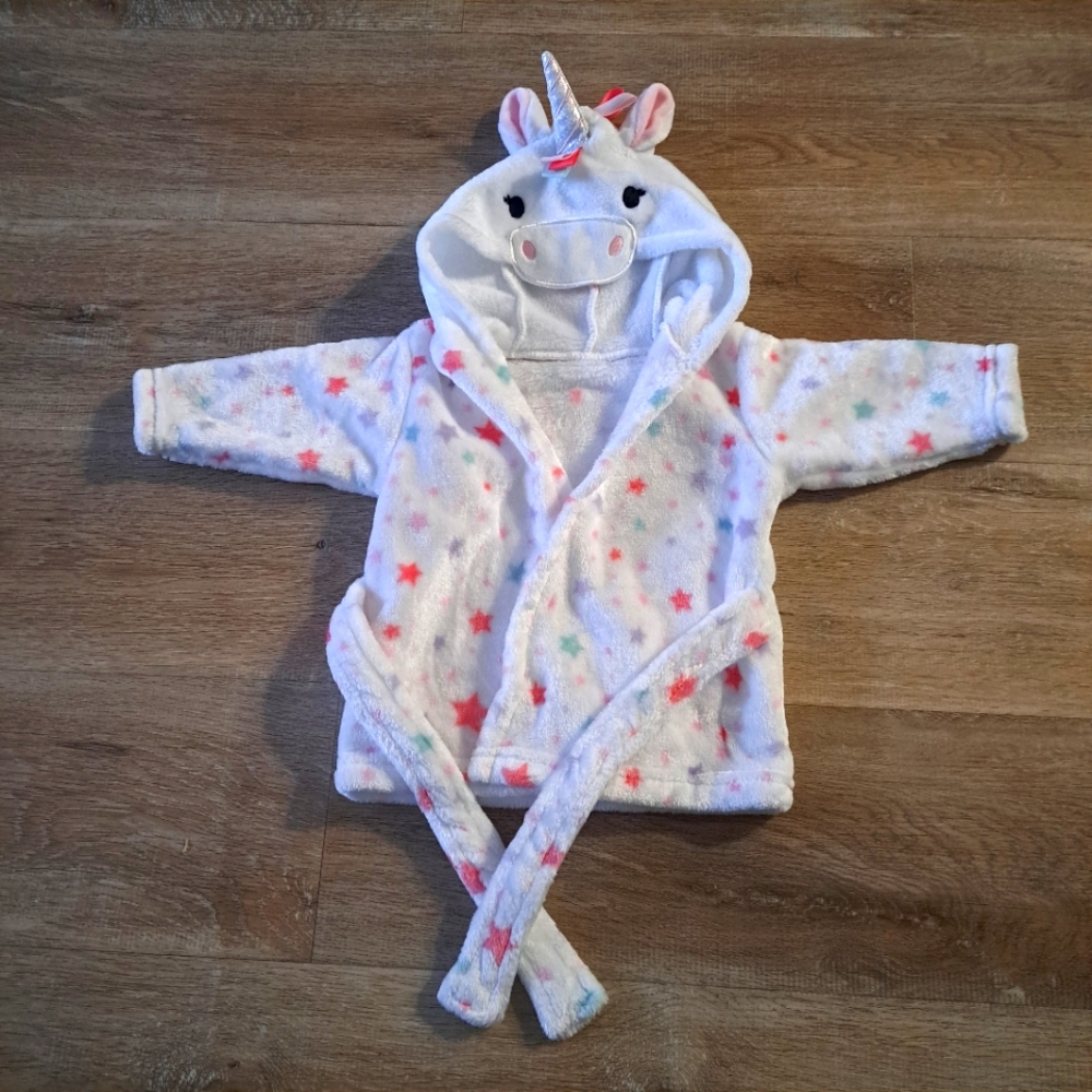 HB White Unicorn Hooded Plush Robe Multicolor Stars Belt Baby's Size 0-9 Months
